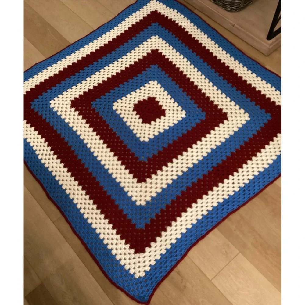 Handmade Afghan Crocheted Red White and Blue Patriotic Throw 56